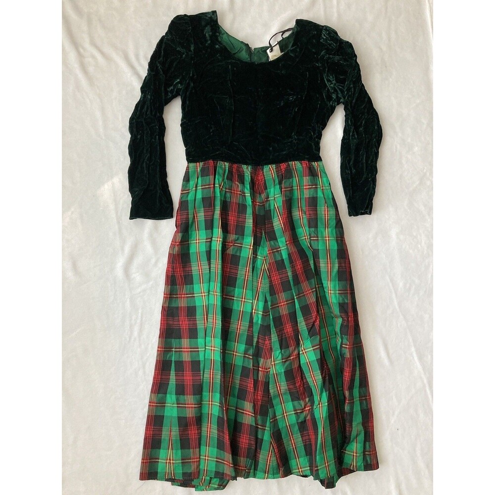 80'S Lanz Originals Plaid Puff Sleeve Bow Christmas Dress Sz 14 100% Acetate Vtg